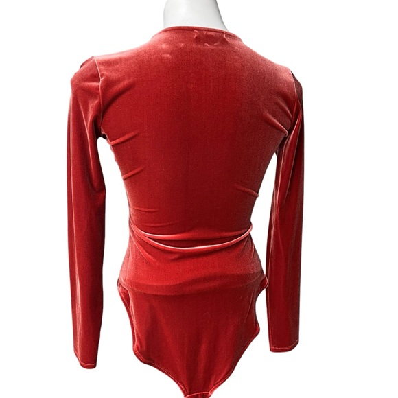 Madewell Rusty Orange Long Sleeve Velvet Wrap Bodysuit, Sz S - Picture 7 of 15